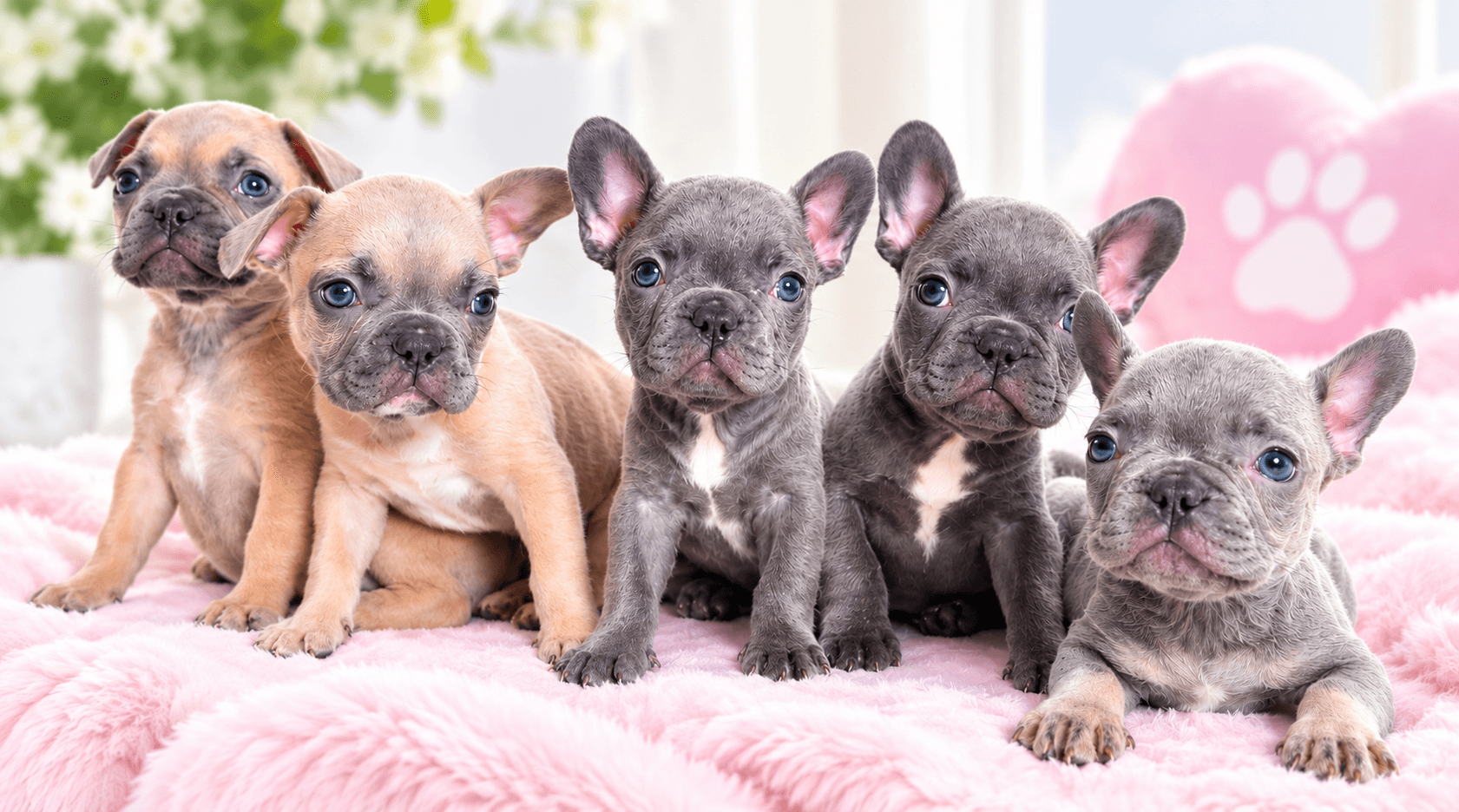 French Bulldog litter — one fawn, four blue puppies
