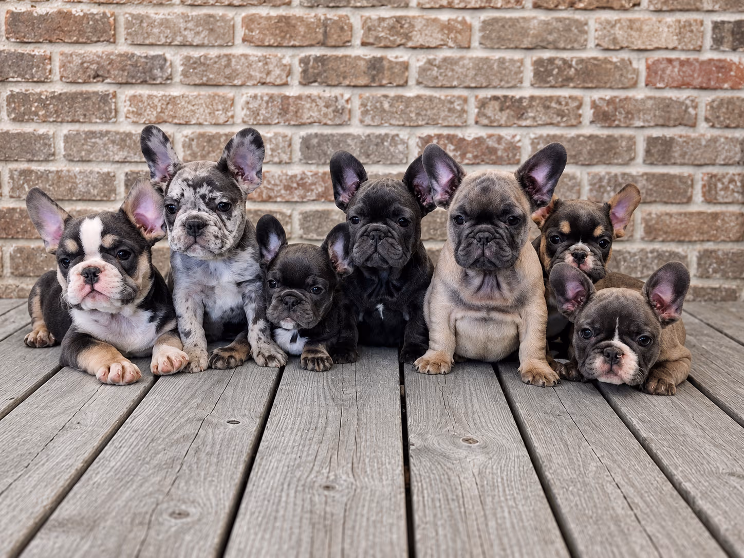 A merle Frenchie mother with her puppies on pink backdrop
